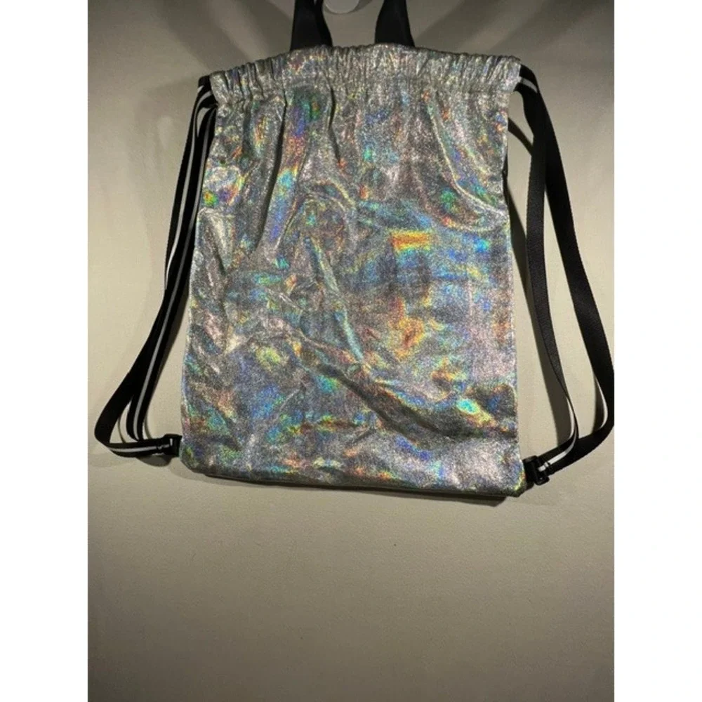 PINK Drawstring Backpack Womens OS Silver Holographic Excellent Iridescent Logo